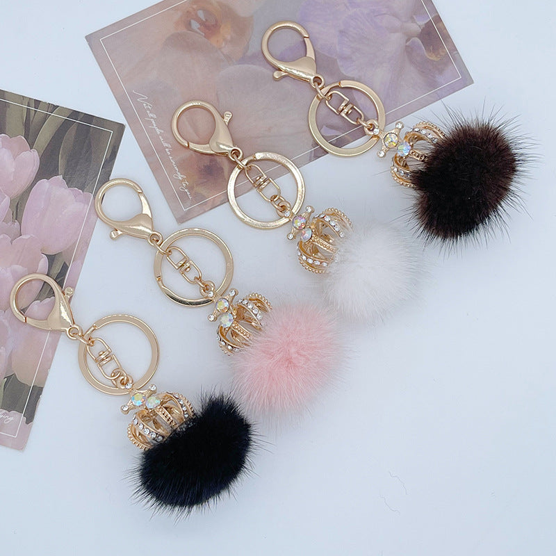 Wholesale Diamond Studded Mink Fur Ball Crown Keychain